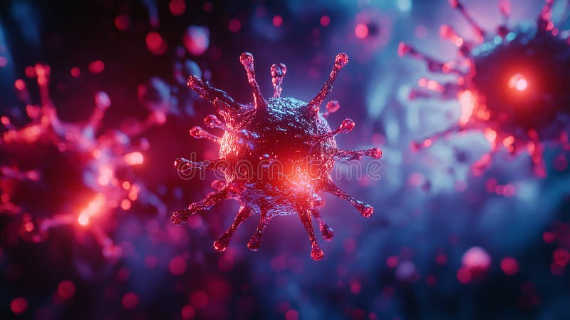 Mikroskopische Darstellung des sich abschwächenden Virus, das Ansteckungs- und Krankheitsausbruch in einem neonbeleuchteten pandem lizenzfreie abbildung