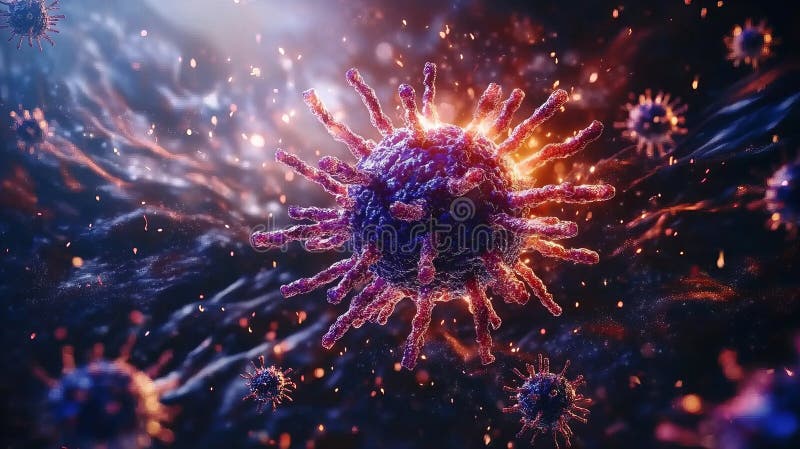 Mikroskopische Darstellung glühender Viruspartikel in dynamischer Bewegung HMPV Humanes Metapneumovirus. Virus-Molekül-Coronavirus lizenzfreie abbildung