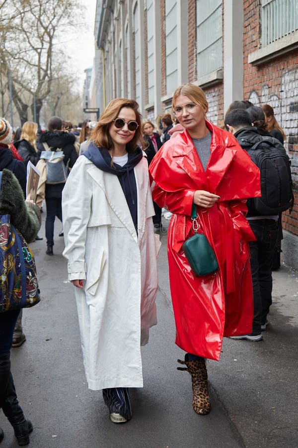 Guests with White and Red Trench Coat before Fendi Fashion Show, Milan ...