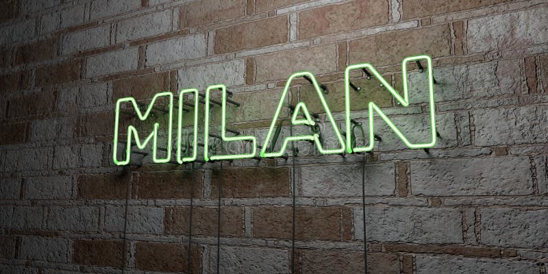 MILAN - Glowing Neon Sign on Stonework Wall - 3D Rendered Royalty Free ...