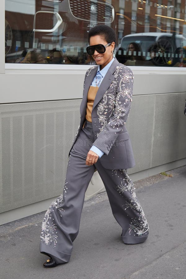 MILAN, ITALY - FEBRUARY 24, 2023: Woman with White Balenciaga Jacket with  Floral Design before Gucci Fashion Show, Milan Fashion Editorial Stock  Image - Image of outfit, purple: 274747649