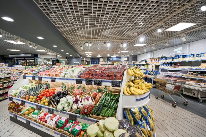 Milan, Italy - January 21 2019: Milan Central Station. Sapori and Dintorni Conad supermarket. Fruit and vegetable