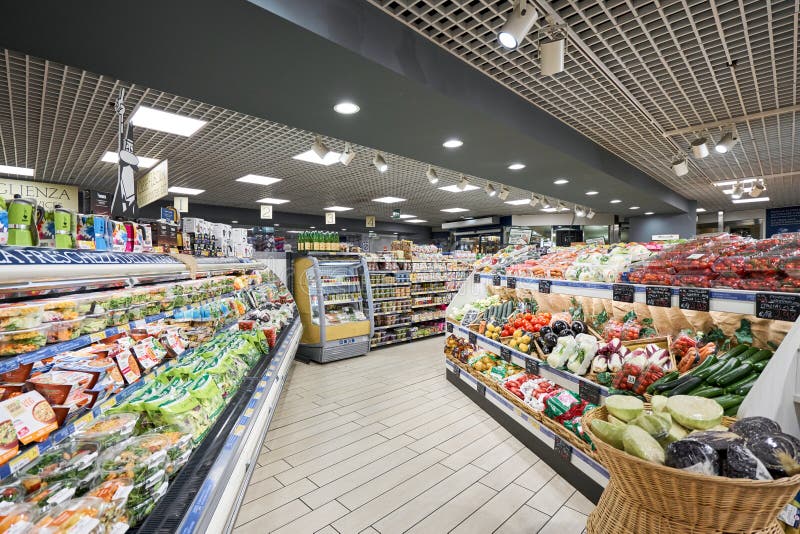 Milan, Italy - January 21 2019: Milan Central Station. Sapori and Dintorni Conad supermarket. Fruit and vegetable