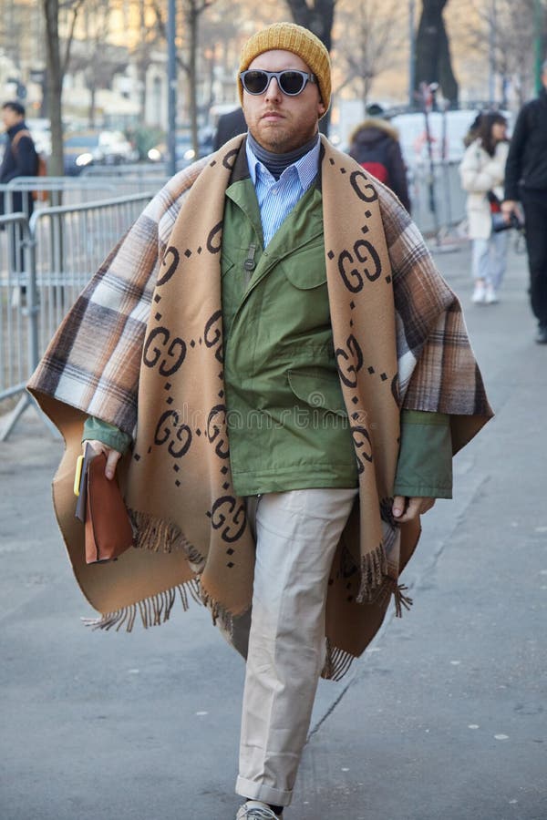 Man with Beige Gucci Scarf and Olive Green Jacket before Fendi Fashion ...