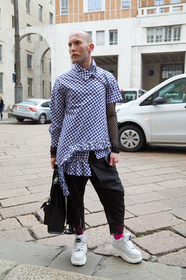 Man with Checkered Long Shirt and White Buffalo Shoes before Frankie Morello  Fashion Show, Milan Editorial Stock Image - Image of shoes, outdoor:  194298949