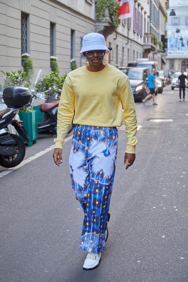 Man with Blue and Yellow Sequin Bomber Jacket before Giorgio Armani Fashion  Show, Milan Fashion Week Street Editorial Stock Photo - Image of outfit,  jacket: 194561743