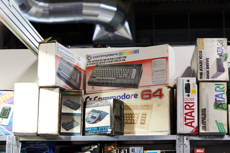 Milan, Italy - March 8 2019 Cartoomics Comic Con Vintage computer model commodore 64