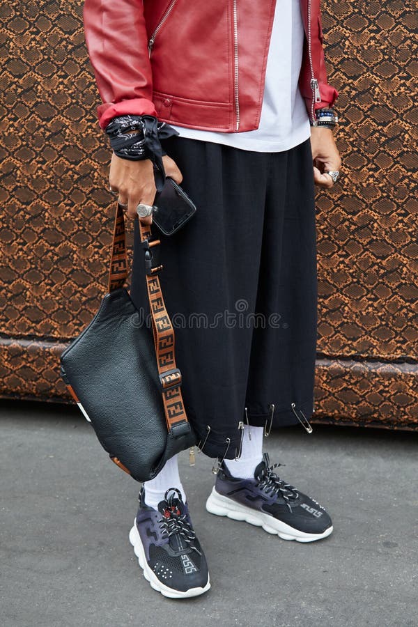 Man with Red Denim Louis Vuitton Supreme Jacket before Fendi Fashion Show,  Milan Fashion Week Editorial Photography - Image of style, accessory:  194223957