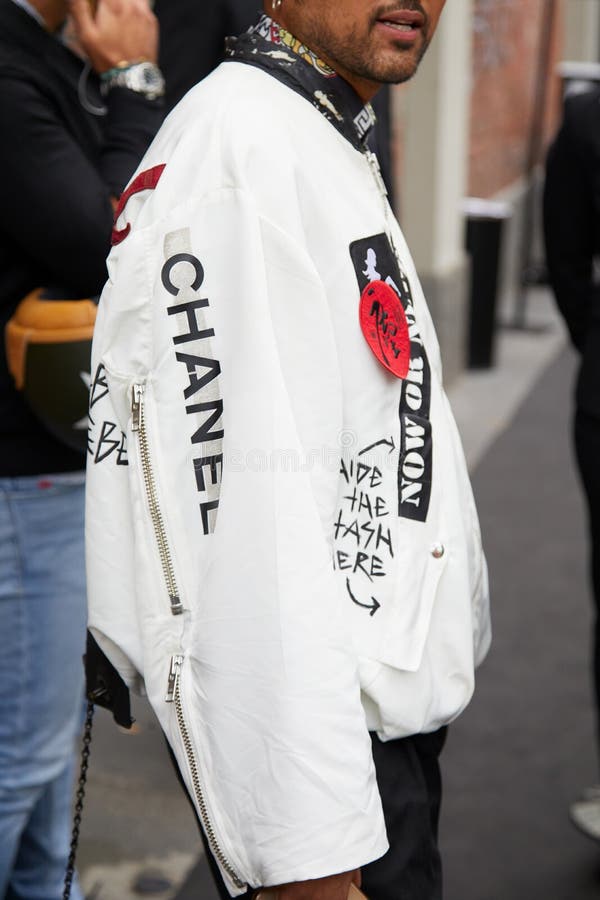 Man with White Bomber Jacket before Fendi Fashion Show, Milan Week Street Style Editorial Stock Photo - Image of fashion, outfit: 194224038