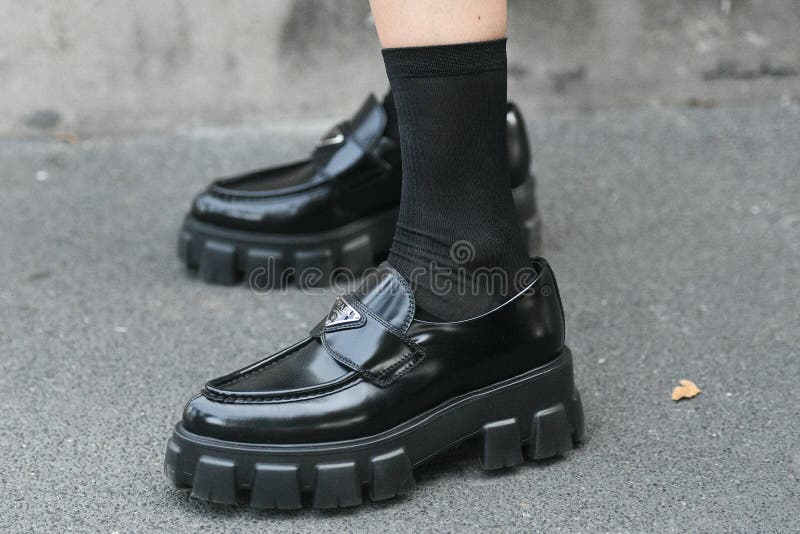 Street Style Outfit, Woman Wearing Prada Shoes in Detail on the Streets of  Milan, Italy Editorial Stock Image - Image of outfit, shopping: 234568784