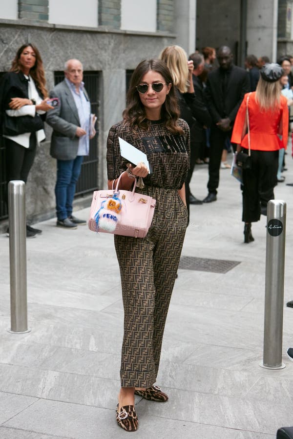 with Fendi Dress and Pink Leather before Emporio Armani Fashion Show, Milan Fashion Editorial Image - Image of milan, dress: 194222950