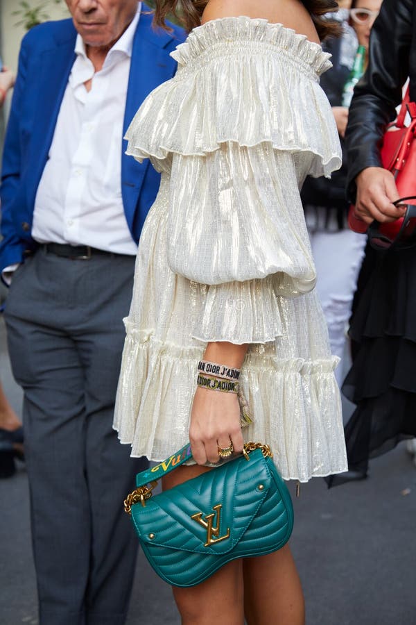 Woman with Brown Louis Vuitton Checkered Bag, White Dress and Dior