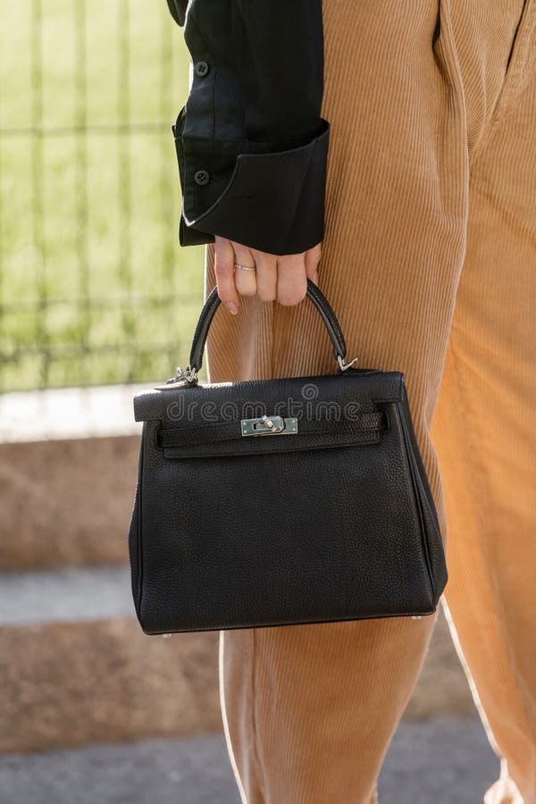 Milan, Italy - September, 25: Woman Influencer Wearing Blue Hermes Kelly Bag.  Fashion Blogger Outfit Details Editorial Stock Image - Image of leather,  milan: 262435829