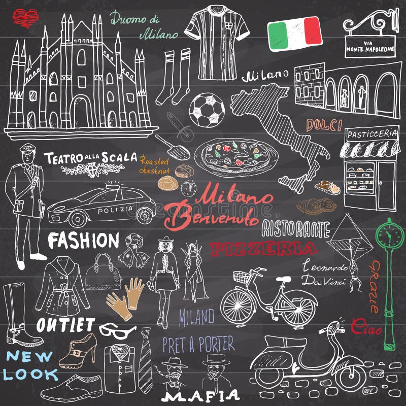 Milan Italy sketch elements. Hand drawn set with Duomo cathedral, flag, map, shoe, fashion items, pizza, shopping street