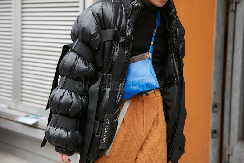 Man with Black Moncler Padded Jacket, Yellow Trousers and Blue Louis  Vuitton Bag before Giorgio Armani Fashion Editorial Stock Photo - Image of  people, outdoor: 194561578