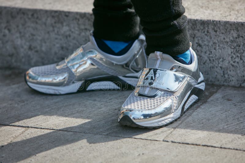 Man with Silver Emporio Armani Shoes before Giorgio Armani Fashion Show Milan Fashion Week Street Style on Editorial Photography Image of giorgio show 195187167