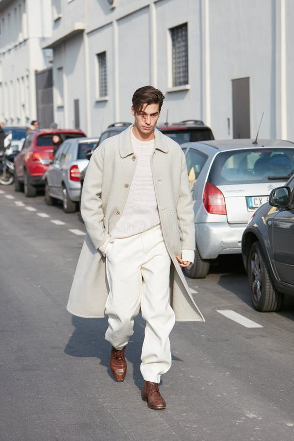 Man with White Trench Coat and Trousers Walking before Dsquared 2 ...