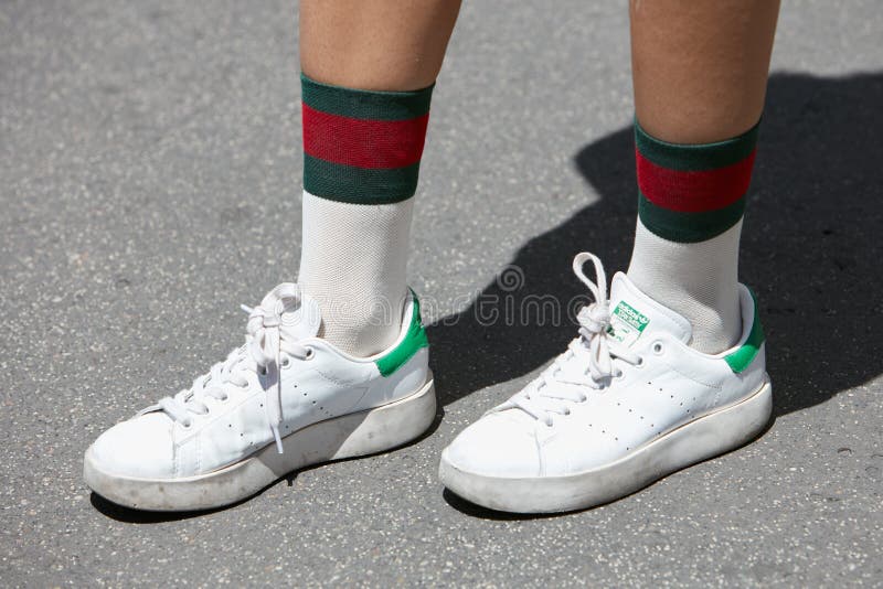 with White Green Adidas Stan Smith Shoes and Gucci Socks before Salvatore Ferragamo Fashion Show, Milan Editorial Stock Image Image of socks, ferragamo: 194568444