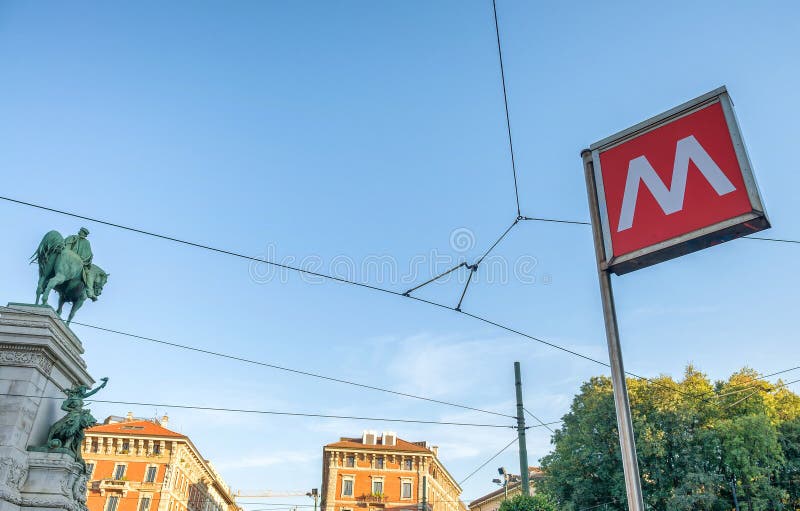 MILAN - SEPTEMBER 25, 2015: Subway sign outside of a station. Su. Architecture, city.