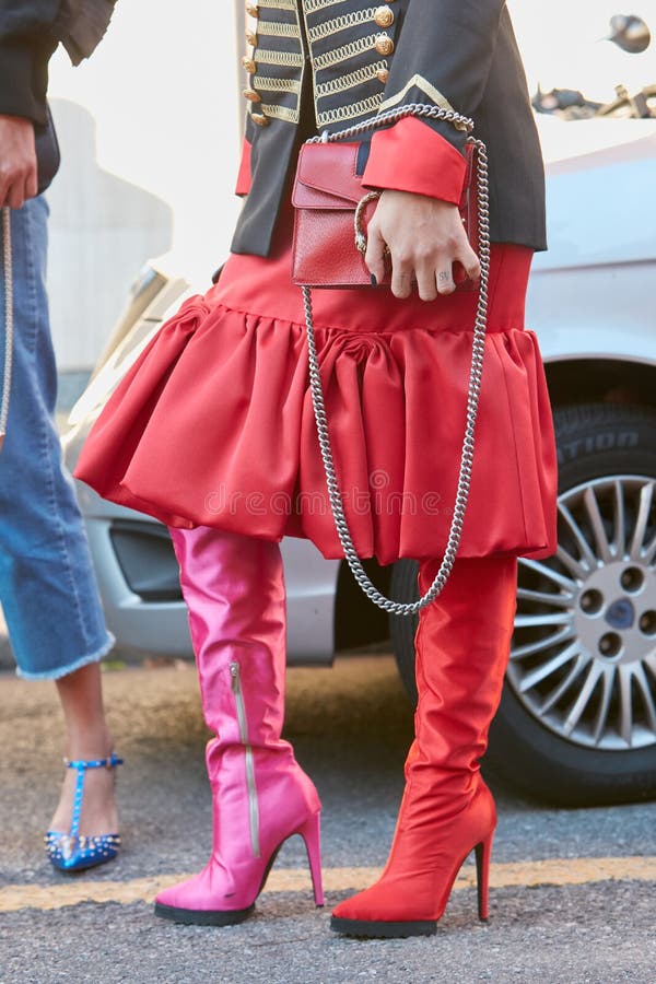 Woman with Pink and Red High Heel Boots and Skirt before Prada Fashion  Show, Milan Fashion Week Street Style Editorial Photo - Image of woman,  elegant: 194566376