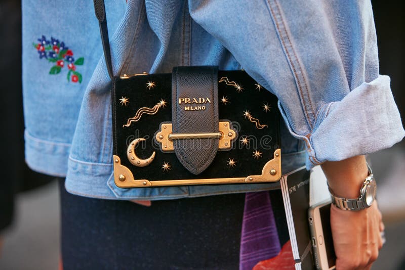 Woman with Prada Bag with Moon and Stars before Prada Fashion Show, Milan  Fashion Week Street Style on Editorial Stock Image - Image of fashion,  stars: 195190099