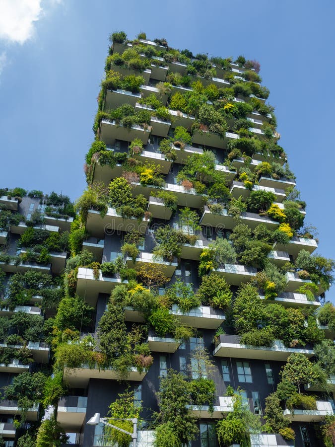 Milano, Italy. Bosco Verticale, view at the modern and ecological skyscraper with many trees on each balcony. Modern architecture. Vertical gardens, terraces