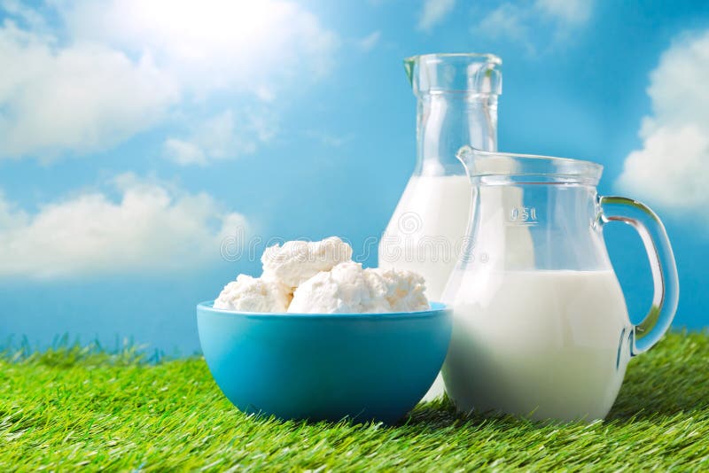 Milch und Hüttenkäse über Hintergrund der Wiese und des blauen Himmels lizenzfreie stockfotografie Milch und Hüttenkäse über Hintergrund der Wiese und des blauen Himmels lizenzfreie stockfotografie