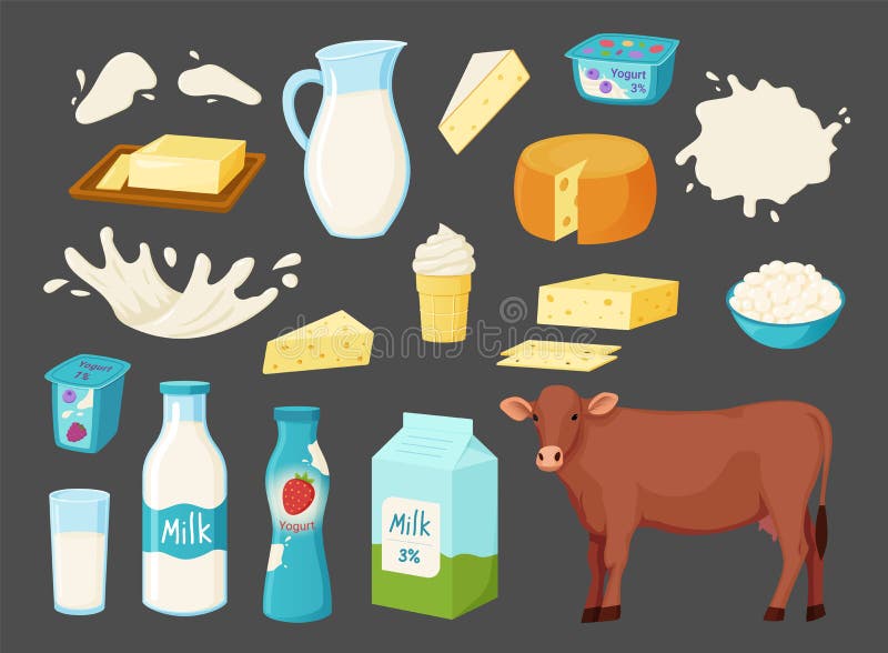 Milch und Kuh. Lebensmittel und landwirtschaftliche Nutztiere. Sauerrahm. Butter und Käse. Schüssel. Jogurt. fermentierte Milch vektor abbildung