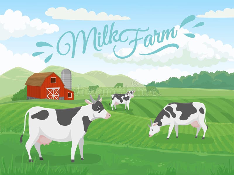 Milchbauernhoffeld Molkereien Landschaft, Kuh auf Ranchfeldern und Land, das Kuhvektorillustration bewirtschaftet