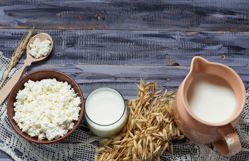 Dairy products: milk, cottage cheese, sour cream. Selective focus. Copy space background. Dairy products: milk, cottage cheese, sour cream. Selective focus. Copy space background