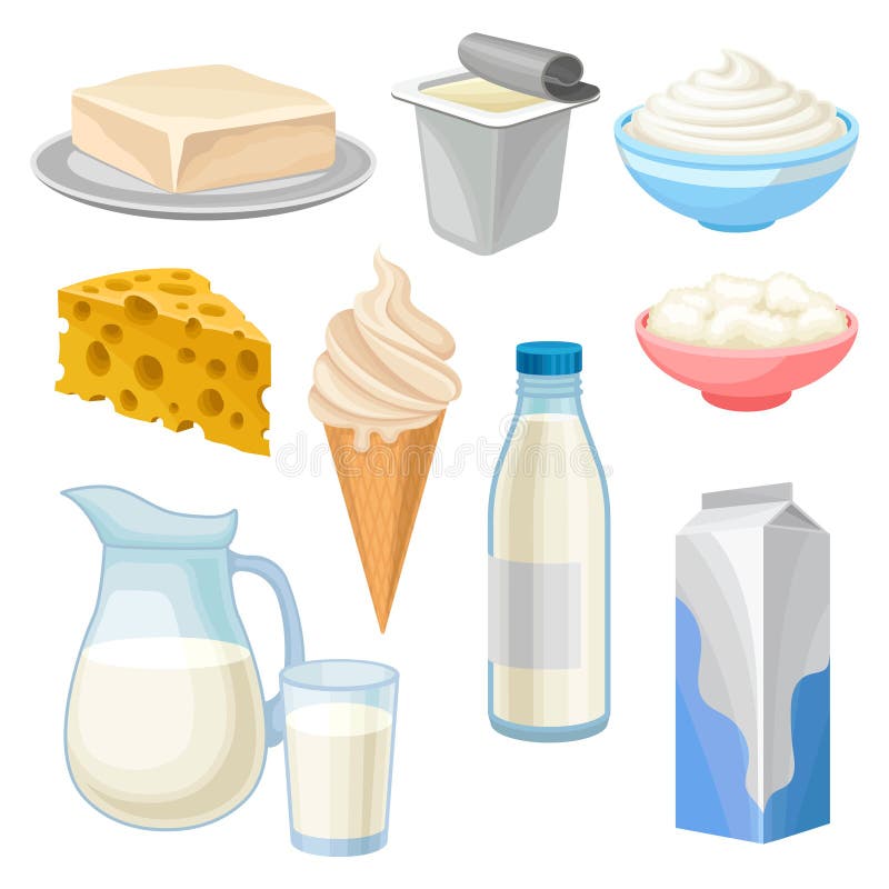 Milchprodukte stellen ein, bestreichen, Jogurt, Schüssel Sauerrahm und Hüttenkäse, Eiscreme, Krug und Glas Milch und Käse mit But