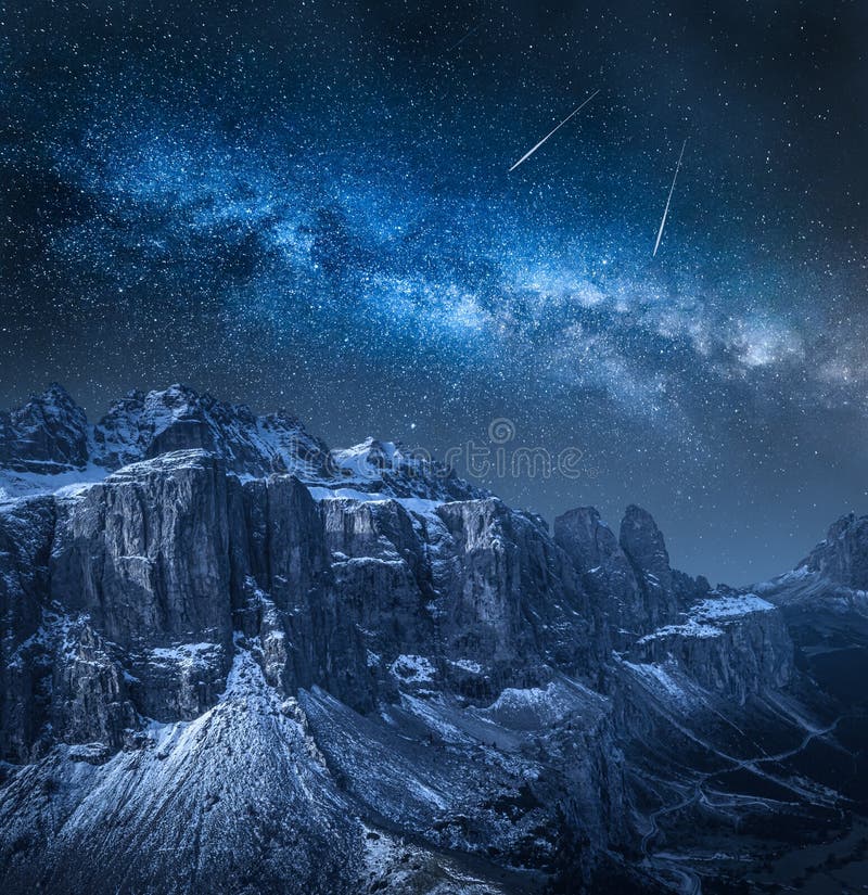 Milky way over Passo Gardena in Dolomites. Dolomites at night. Milky way over Passo Gardena in Dolomites. Dolomites at night