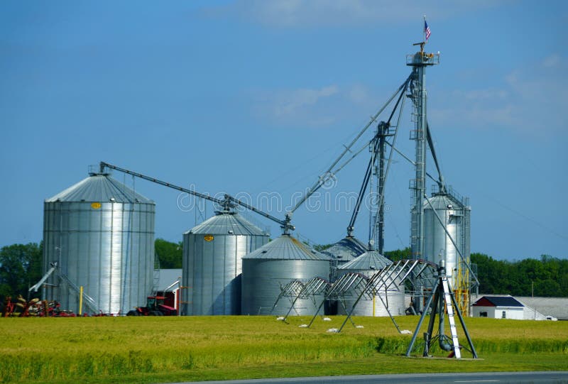 Milford, Delaware, U.S.A - May 23, 2020 - The view of large grain silo near the wheat farm