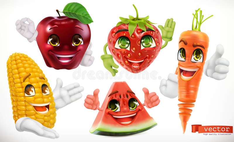 Milho, maçã, morango, melancia, cenoura ícone ajustado do vetor 3d ilustração do vetor Milho, maçã, morango, melancia, cenoura ícone ajustado do vetor 3d ilustração do vetor