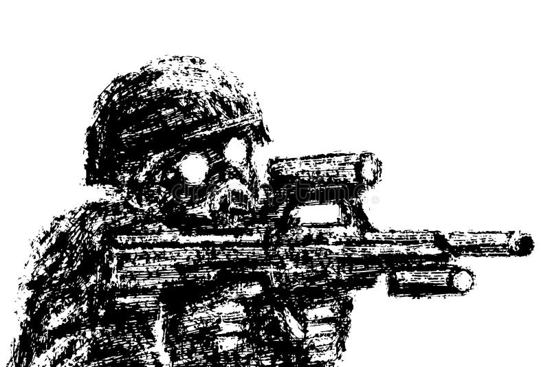 Militair in helm en gasmasker die van aanvalsgeweer streven Vector illustratie stock illustratie Militair in helm en gasmasker die van aanvalsgeweer streven Vector illustratie stock illustratie