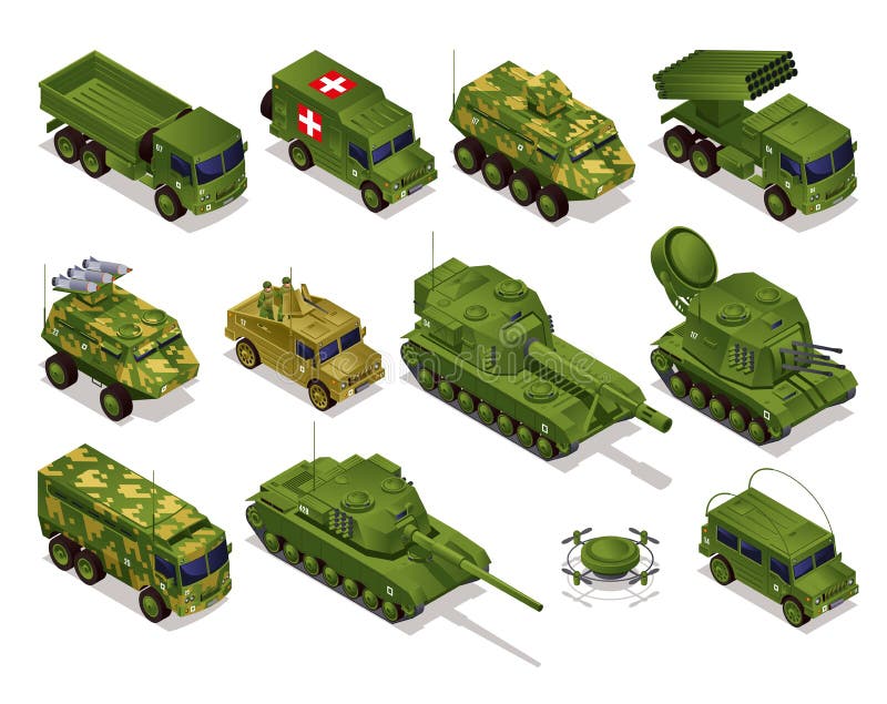 Militair legertransport vecht tegen raketwerpers met tanks die isometrische pictogrammen op geïsoleerde achtergrond plaatsen