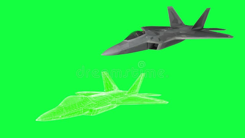 Militair vliegtuig F-22, roteert animatie, wireframe geef terug Groene het schermlengte