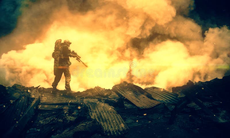 Militaire entre le feu et la fumée dans la maison détruite photo stock Militaire entre le feu et la fumée dans la maison détruite photo stock