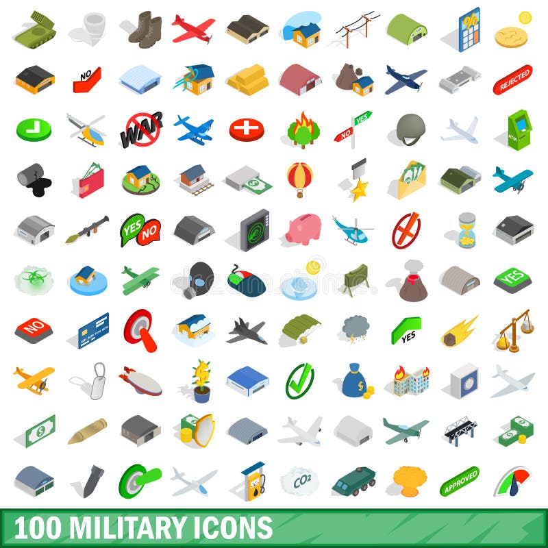 100 militaire geplaatste pictogrammen, isometrische 3d stijl vector illustratie 100 militaire geplaatste pictogrammen, isometrische 3d stijl vector illustratie