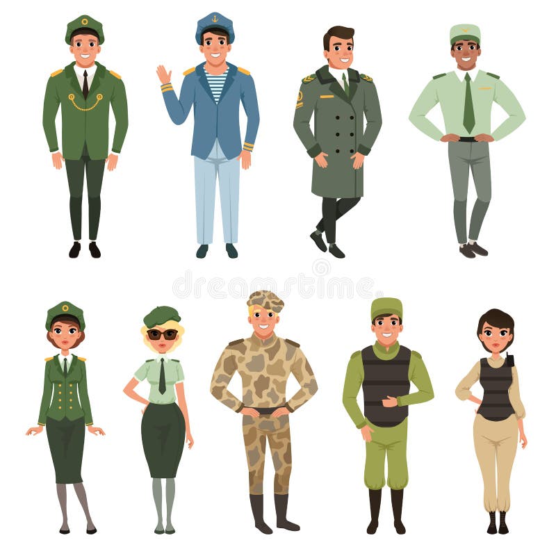 Militaire geplaatste uniformen, Militaire legerambtenaar, bevelhebber, militair, proef, marechaussee, marinekapitein vectorillust royalty-vrije illustratie Militaire geplaatste uniformen, Militaire legerambtenaar, bevelhebber, militair, proef, marechaussee, marinekapitein vectorillust royalty-vrije illustratie