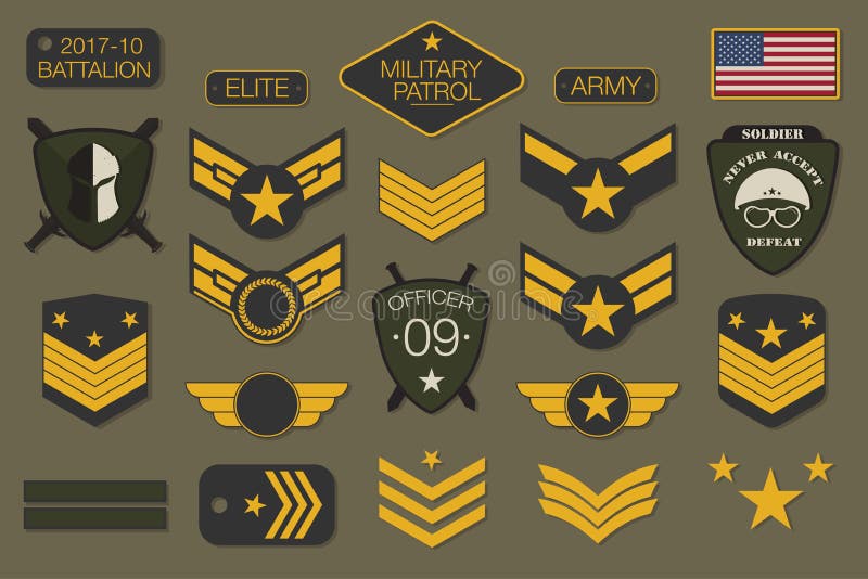 Militaire kentekens en van legerflarden typografie Militair van de borduurwerkchevron en speld ontwerp voor grafische t-shirt