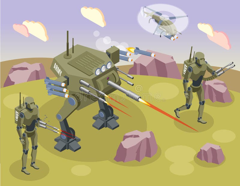 Militaire Robots Isometrische Achtergrond royalty-vrije illustratie Militaire Robots Isometrische Achtergrond royalty-vrije illustratie