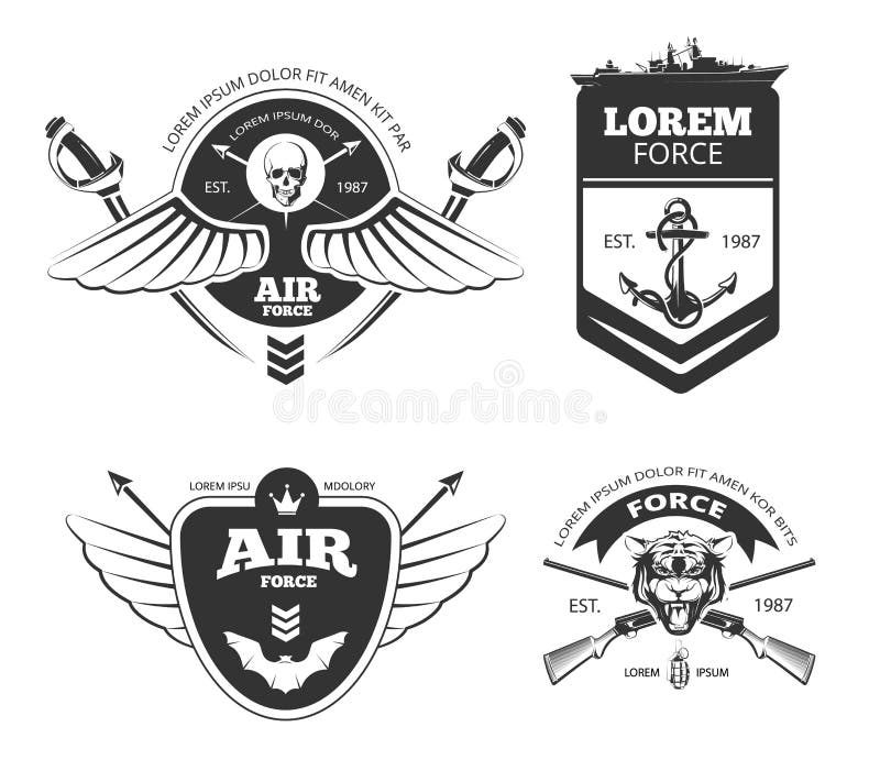 Militares, vehículos blindados, fuerza aérea, etiquetas del vector del vintage de la marina de guerra, logotipos, emblemas fijado ilustración del vector Militares, vehículos blindados, fuerza aérea, etiquetas del vector del vintage de la marina de guerra, logotipos, emblemas fijado ilustración del vector