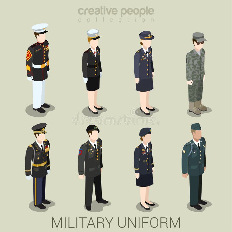 Militarni wojsk ludzie w jednolitego mieszkanie stylu ikony isometric secie royalty ilustracja Militarni wojsk ludzie w jednolitego mieszkanie stylu ikony isometric secie royalty ilustracja