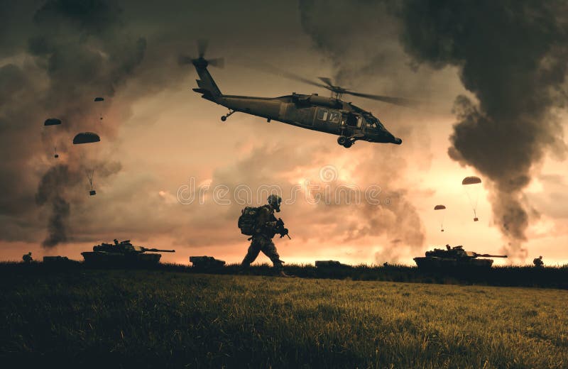 Militarny helikopter, siły i zbiorniki w gospodarstwie rolnym, ilustracja wektor Militarny helikopter, siły i zbiorniki w gospodarstwie rolnym, ilustracja wektor