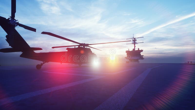 Militarny śmigłowcowy Blackhawk zdejmuje od lotniskowa w ranku w niekończący się błękitnym oceanie ?wiadczenia 3 d ilustracja wektor Militarny śmigłowcowy Blackhawk zdejmuje od lotniskowa w ranku w niekończący się błękitnym oceanie ?wiadczenia 3 d ilustracja wektor