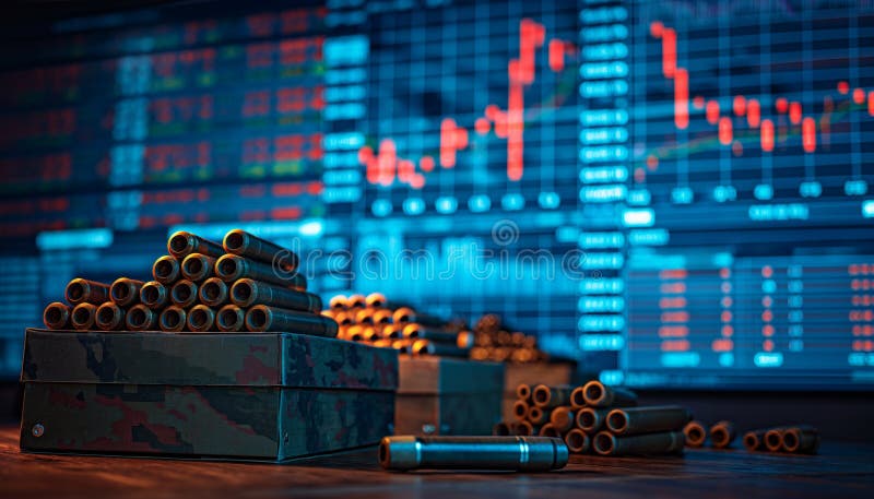 Military ammunition displayed with financial charting. stock photo