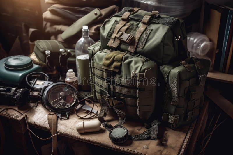 military backpack, surrounded by various medical supplies and equipment