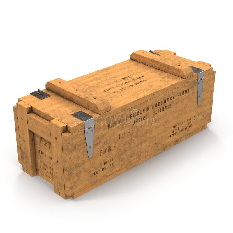 Military box with explosive isolated on white. 3D illustration stock photo