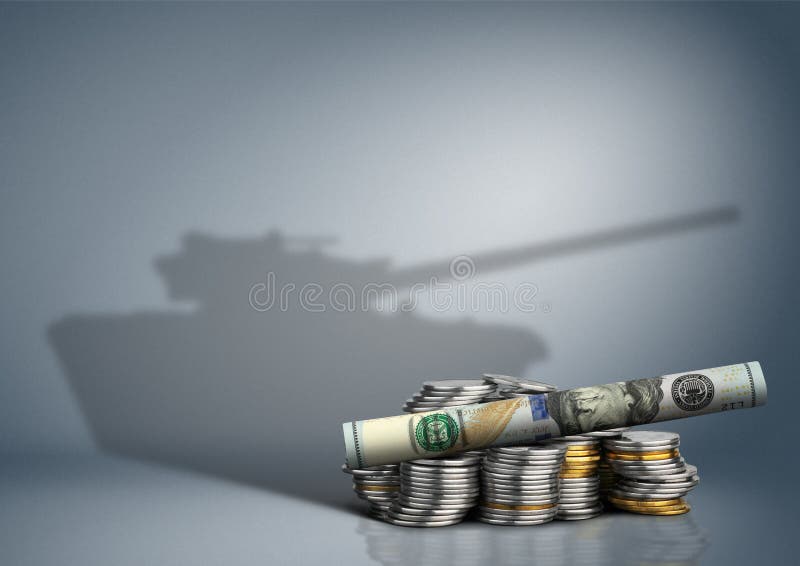 Military budget concept, money with weapon shadow